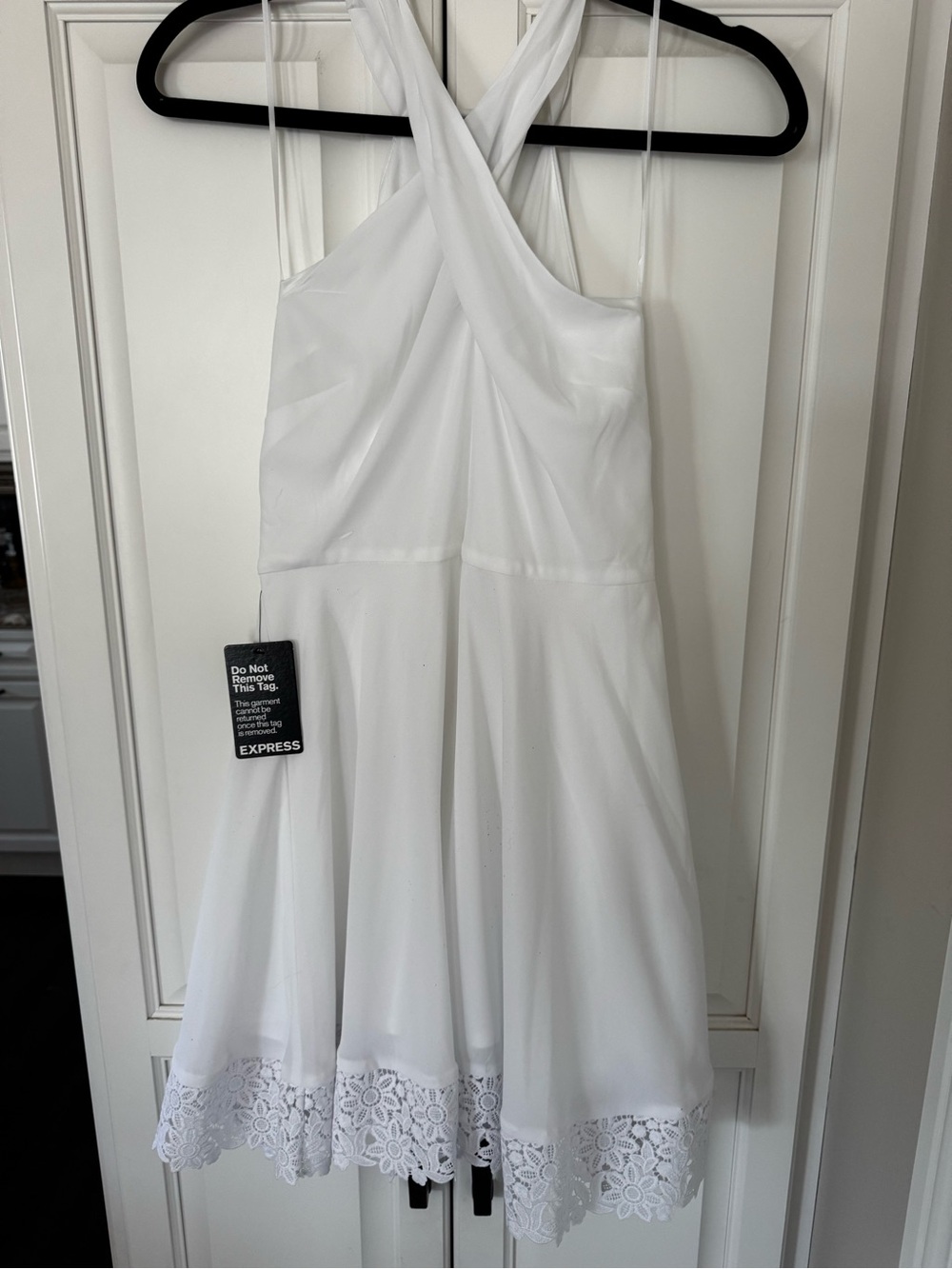 Express White Halter Dress with Lace Hem